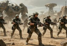 Uma equipe de soldados futuristas em ARC Raiders se preparando para o combate contra robôs gigantes em um cenário de ficção científica desolado.