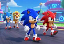 Sonic the Hedgehog e Shadow em uma corrida acirrada em uma pista futurista e colorida, com portais dimensionais se abrindo ao fundo.
