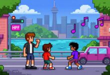 Scott Pilgrim e seus amigos em uma cena de luta de rua em pixel art, com a cidade de Toronto ao fundo e notas musicais no ar.