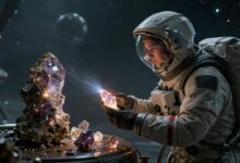 Um astronauta em um planeta exótico minerando um cristal brilhante, com uma nave espacial ao fundo, no estilo artístico de Starfield.