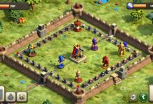 Vila de Clash of Clans vista de cima, com muros reforçados, defesas organizadas e estruturas protegendo recursos e o Centro de Vila