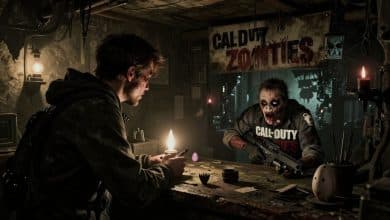 Cena de Call of Duty Zombies com um jogador explorando uma passagem oculta em um mapa sombrio, iluminada por luzes misteriosas e elementos de easter egg