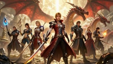 Grupo de heróis diante de um cenário épico de Thedas, com símbolos de escolhas, dragões e conflitos políticos de Dragon Age