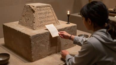 Aventureira explora uma tumba antiga iluminada por tochas, observando inscrições nas paredes e artefatos históricos
