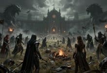 Arte de fantasia sombria mostrando heróis, criaturas e exércitos diante de um campo de batalha estratégico em BRIGANDINE ABYSS