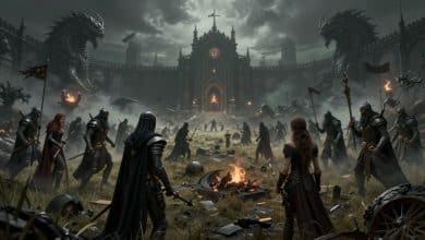 Arte de fantasia sombria mostrando heróis, criaturas e exércitos diante de um campo de batalha estratégico em BRIGANDINE ABYSS