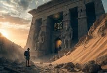 Uma cena de aventura épica no Egito antigo, com um templo de pedra entre dunas, hieróglifos iluminados, estátuas de deuses egípcios e um explorador diante de uma entrada misteriosa ao pôr do sol.