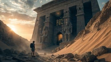 Uma cena de aventura épica no Egito antigo, com um templo de pedra entre dunas, hieróglifos iluminados, estátuas de deuses egípcios e um explorador diante de uma entrada misteriosa ao pôr do sol.