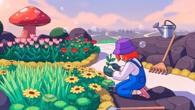 Jardim virtual acolhedor em um videogame, com canteiros floridos, ferramentas de jardinagem e uma pessoa cuidando das plantas em estilo colorido e relaxante