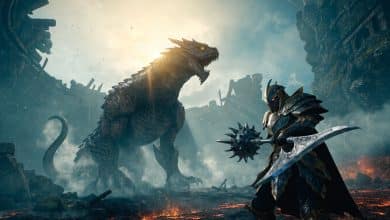 Caçador de Monster Hunter empunhando uma arma rara diante de um dragão colossal em uma arena vulcânica, com armadura detalhada e atmosfera de aventura