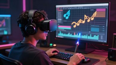 Arte editorial de uma seleção de jogos de música, com uma pessoa usando headset de realidade virtual e sabres luminosos diante de notas musicais, controles de ritmo e luzes de palco coloridas.