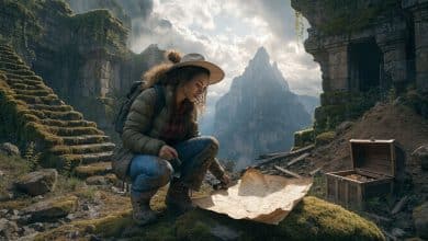 Uma exploradora aventureira examina um mapa antigo diante de ruínas cobertas de vegetação, com um baú de tesouro parcialmente enterrado e uma paisagem fantástica ao fundo.