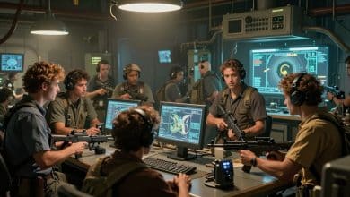 Esquadrão de fuzileiros coloniais enfrenta uma horda de xenomorfos em um corredor industrial escuro, com armas futuristas e iluminação cinematográfica