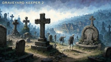 Arte conceitual de Graveyard Keeper 2 com um cemitério medieval em expansão, uma vila ao fundo e zumbis trabalhando entre construções de pedra