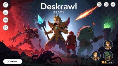 Cena de fantasia de Deskrawl: Idle ARPG mostrando um herói enfrentando monstros em uma masmorra, com destaque visual para combate, equipamentos e progressão idle.