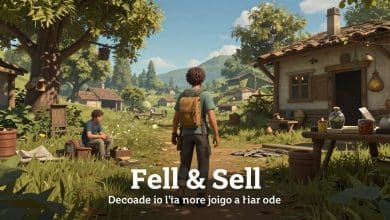 Cena de um jogo indie chamado Fell & Sell, com uma área de exploração, recursos para coletar e elementos de comércio em destaque.