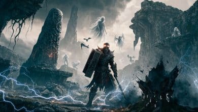 Arte de fantasia sombria inspirada em Path of Exile: um aventureiro cercado por flechas elétricas, totens, espíritos invocados e explosões em uma paisagem antiga e perigosa